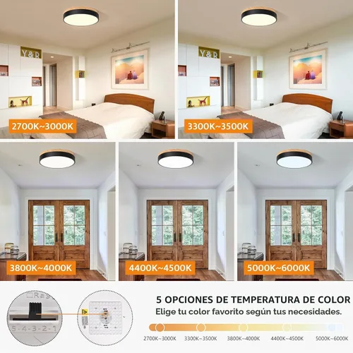 Vista 3 de Yiisem Lámpara de Techo LED de Madera Regulable Empotrada, 5CCT 2700K-6000K Moderna Negra de Montaje al Ras del Techo, Luminarias de Techo Redondas