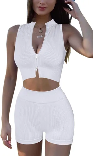 Vista 4 de Conjuntos de entrenamiento para mujer, conjuntos de 2 piezas, sin costuras, acanalados, con cremallera bidireccional, manga corta, pantalones cortos