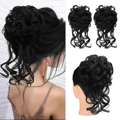 Vista 28 de HOOJIH 2 piezas de extensiones de cabello estilo moño despeinado, extensiones de cabello rizado y ondulado con tiras, cola de caballo, horquillas