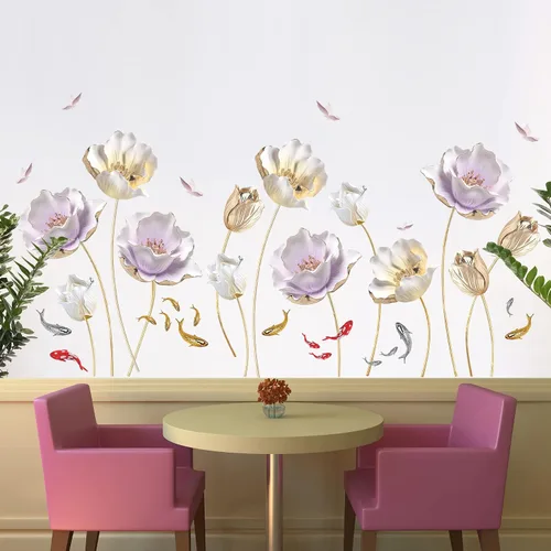 Vista 4 de Calcomanías de pared de flores doradas gigantes 3D, tulipán de loto, flores florales, hermosas flores grandes, arte de pared de despegar y pegar