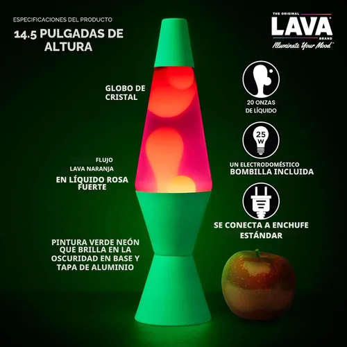 Vista 3 de Lava The Original Lamp - 14.5 pulgadas verde neón - Lámpara clásica de movimiento líquido - Líquido naranja y rosa - Artículo #2096
