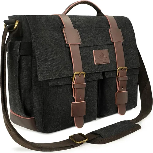 Vista 9 de Bolsa tipo mensajero para hombre, bolsa para laptop de 15.6 pulgadas, bolsa vintage de lona encerada, resistente al agua, maletín de cuero