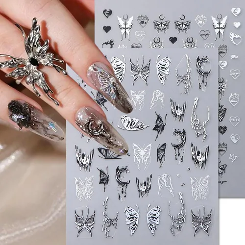 Vista 6 de Calcomanías líquidas para arte de uñas, diseño de mariposa, negro, plateado, mariposa, luna, 3D, autoadhesivas, suministros de arte de uñas