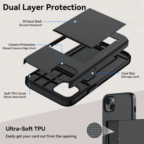 Vista 6 de Qinmay Funda compatible con iPhone 13 con tarjetero, doble capa a prueba de golpes, funda protectora resistente con ranura oculta delgada