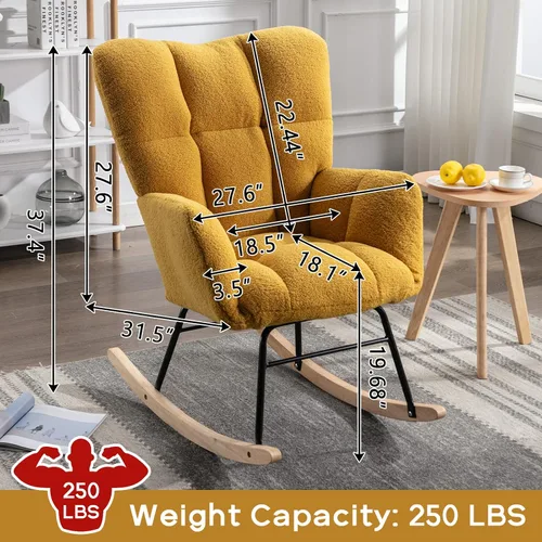 Vista 2 de Silla mecedora moderna para cuarto de bebé, silla deslizadora tapizada con respaldo alto, sillón de acento mecedor con patas de madera maciza