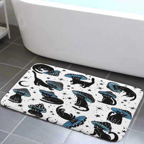 Vista 10 de MERCHR Tapete de baño con diseño de hongo y gato divertido para baño, estética, única, divertida, divertida, azul, tapete antideslizante, para baño