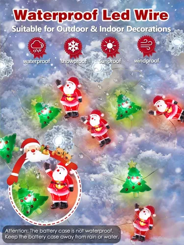 Vista 3 de Guirnalda de luces de Navidad, 10 pies, 30 LED, árbol de Navidad, Papá Noel, copo de nieve, luces de hadas, funciona con pilas, con control remoto