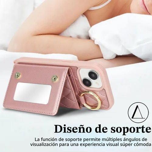 Vista 4 de Funda para iPhone 14 con tarjetero y correa para mujer, cordón cruzado, espejo de maquillaje, soporte de anillo, cierre a presión, bonitas fundas
