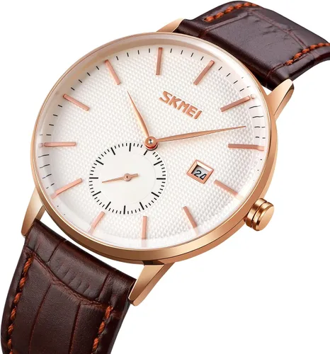 Vista 2 de FANMIS Reloj de pulsera analógico de cuarzo súper fino unisex clásico unisex de acero inoxidable ultra fino caso de negocios, Marrón