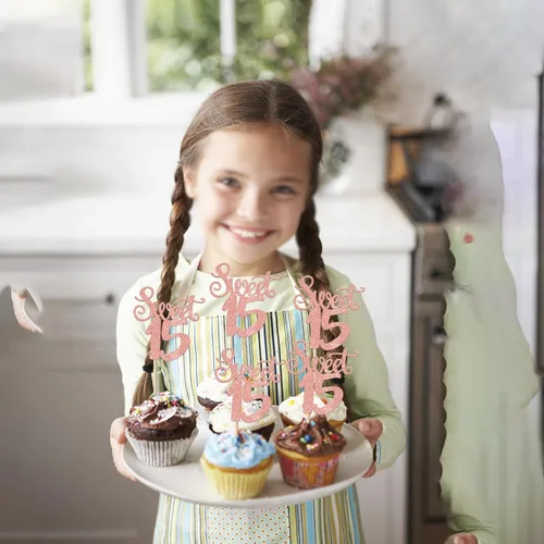 Vista 7 de 36 piezas de adornos para cupcakes con purpurina de 15 años de 15 años para cumpleaños, aniversario, fiesta, suministros de decoración de tartas