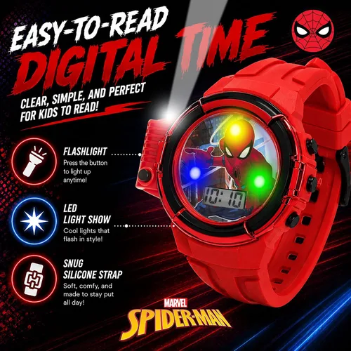 Vista 3 de Marvel Spider-Man Flashlight Watch for Kids – Light-Up Fun with LCD Display, LED Flashlight, and Durable Silicone Band