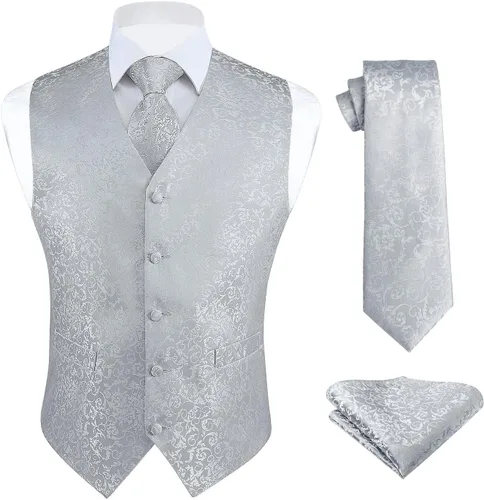 Vista 11 de HISDERN Conjunto de 3 piezas de chaleco formal para hombre, chaleco formal de cachemira floral jacquard corbata bolsillo cuadrado chalecos