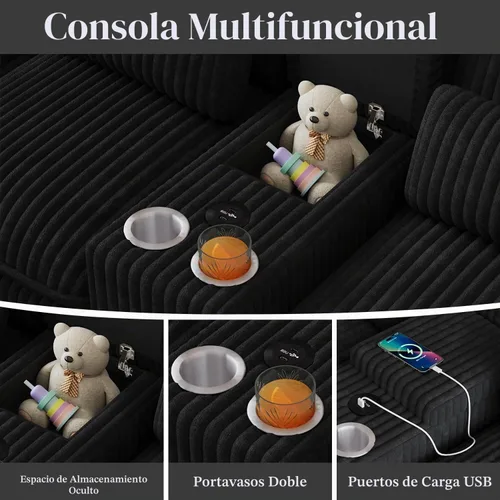 Vista 8 de Sofá modular en forma de U de 132 pulgadas, sofá modular para sala de estar, sofá moderno de pana de felpa de gran tamaño con consola central Negro