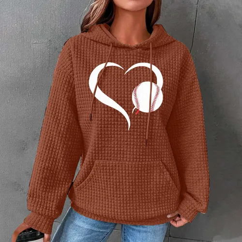 Vista 2 de Sudadera con capucha de béisbol para mujer, manga larga, cuello redondo, cordón de gofre, ajuste delgado, túnica de moda para otoño
