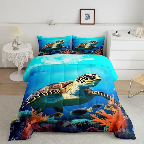 Vista 44 de Erosebridal Blue Ocean - Juego de edredón tamaño individual Juego de ropa de cama de ballena delfín y tortuga marina para niños y niñas, juego