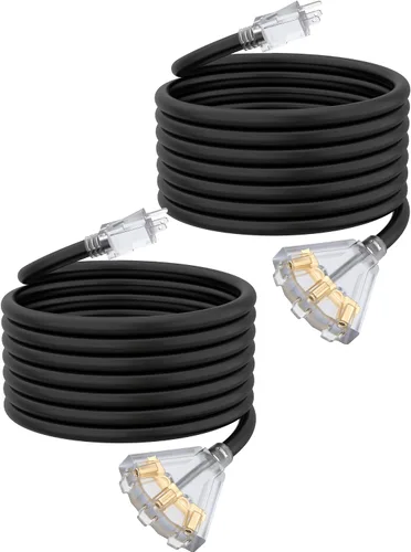 Vista 16 de Cable de extensión de calibre 12 de 2 pies con 3 salidas Paquete de 3 cables de extensión resistentes al agua para exteriores con extremo Negro