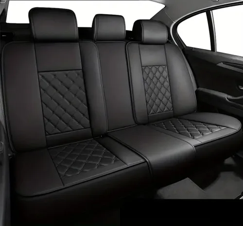 Vista 2 de Juego completo para 5 asientos, protectores de asiento de coche impermeables, transpirables, antideslizantes, de cuero, ajuste universal, para Negro