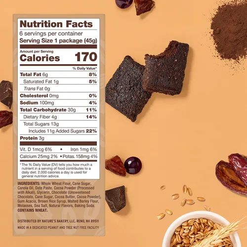 Vista 2 de Nature’s Bakery Barras de Brownie Doble Chocolate, Granos Integrales, Dátiles y Cacao, a Base de Plantas, Sin Lácteos, Barra de Snack, 6