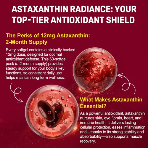 Vista 5 de BEWORD Astaxantina 12 mg con aceite MCT, 60/120 cápsulas blandas, suministro para 2 meses Suplementos antioxidantes premium Microalgas
