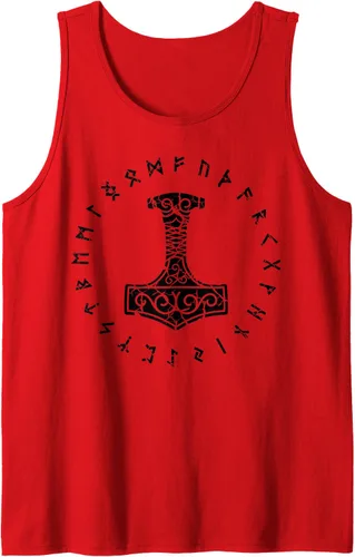 Vista 6 de Camiseta sin mangas vikingo nórdico Thors Hammer Mjolnir Elder Futhark Runes, Azul Blanco