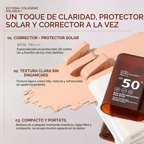 Vista 3 de Barra de base, Spf 50+ PA +++ protector solar mineral para cara y cuerpo, protección para la cara, maquillaje de base multiusos, hidratante, ligero