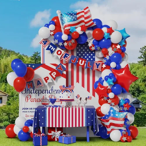 Vista 2 de Kit de arco de guirnalda de globos del 4 de julio, 100 globos azul marino, rojo y blanco con pancarta de papel para suministros de fiesta patriótica