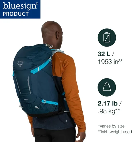Vista 2 de Osprey Hikelite 32L Mochila ligera para senderismo - Mochila de viaje plegable y duradera con funda para lluvia para hombres y mujeres, Azul Atlas