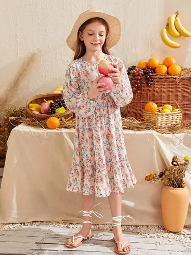 Vista 4 de WDIRARA Vestido midi de manga larga con estampado floral para niña, cuello redondo, dobladillo con volantes