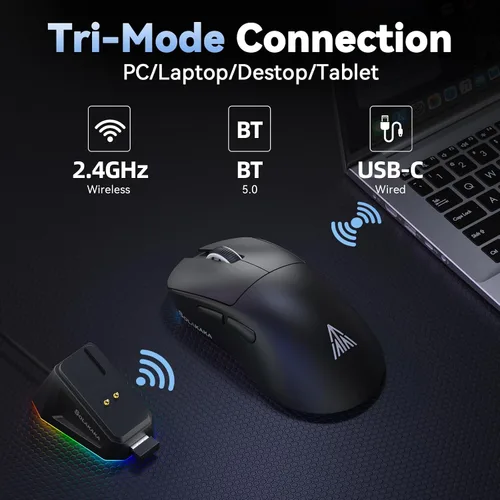 Vista 3 de SOLAKAKA SM822 - Mouse inalámbrico para juegos con base de carga, mouse inalámbrico de tres modos, sensor óptico PAW3311, hasta 24,000 DPI, mouse