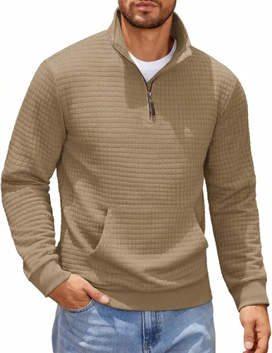 Vista 19 de COOFANDY - Sudadera con capucha para hombre, manga larga, con cremallera de un cuarto, estilo sarga casual, con bolsillo Verde militar