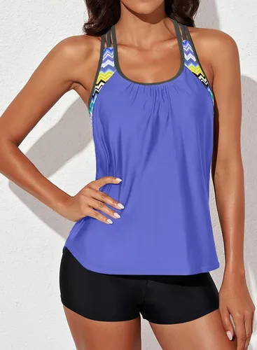 Vista 8 de Aleumdr Womens Blouson Striped Printed Push up Strappy T-Back Tankini Top with Shorts