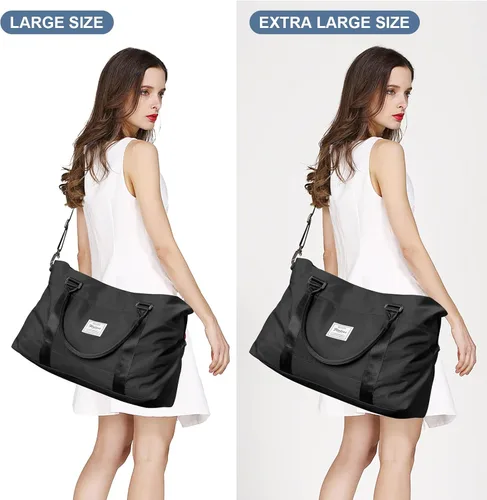 Vista 7 de Bolsas de lona de viaje, bolsa de fin de semana para mujer con bolsillo húmedo y bolsa de aseo personal, bolsa de viaje para gimnasio, Negro