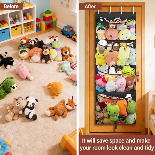 Vista 3 de Woodoulogy Almacenamiento de Animales de Peluche Colgante, Organizador Grande de Juguetes de Felpa Sobre la Puerta con Gancho de Metal, Soporte