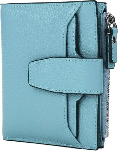 Vista 6 de AINIMOER - Cartera de piel con bloqueo RFID para mujer, tamaño pequeño, compacta, doble zíper, con ventana para identificación