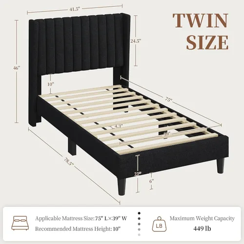 Vista 2 de Yaheetech Base de cama individual tapizada con cabecera de tela, diseño de borde de ala, antideslizante y sin ruido, soporte de listones de madera