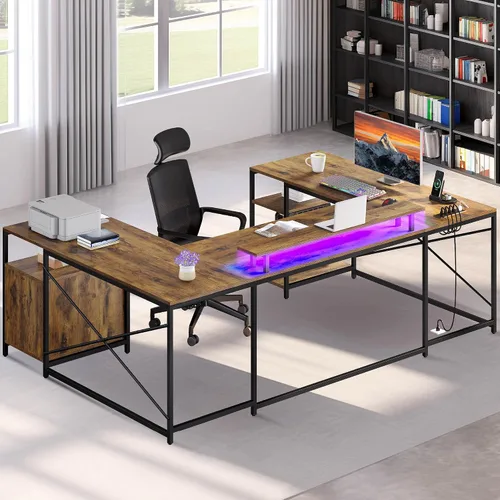 Vista 3 de DWVO Escritorio en forma de U con cajones, escritorio reversible en forma de L de 79 pulgadas con tomas de corriente y luces LED, escritorio