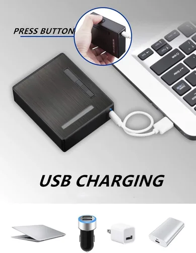 Vista 5 de Estuche de cigarrillos de expulsión automática de 20 piezas con encendedor de arco eléctrico recargable, resistente al viento, sin llama, soporte