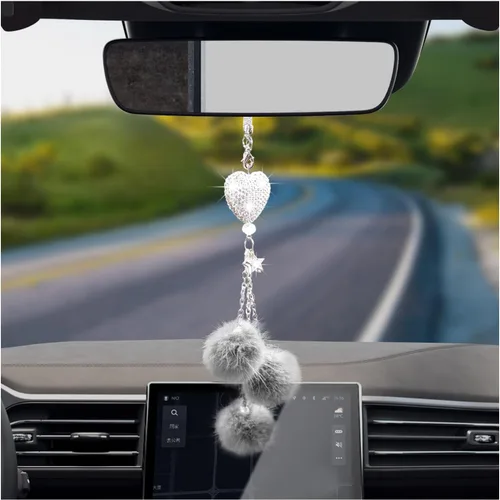 Vista 9 de Dickno Adorno Colgante Brillante para Coche, Divertido Pendiente de Corazón de Amor y Bola de Peluche Rosa para Espejo Retrovisor para Mujeres