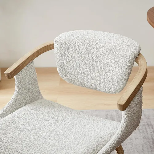 Vista 3 de Zouron Silla de escritorio giratoria sin ruedas, silla de oficina moderna de mediados de siglo, silla de comedor Boucle con patas de madera, silla