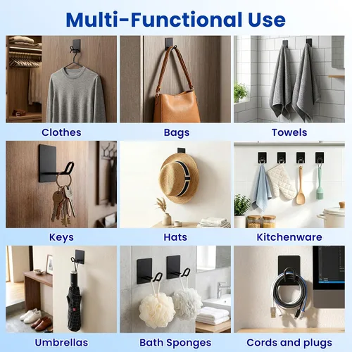 Vista 6 de Adhesive Hooks Heavy Duty, Long Stainless Steel Wall Towel Holder Black Double-tube