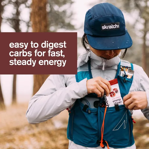 Vista 4 de Skratch Labs Energy Chews Gomitas de cafeína para correr, ciclismo y rendimiento deportivo, alternativa al gel, cereza agria (paquete de 10), sin