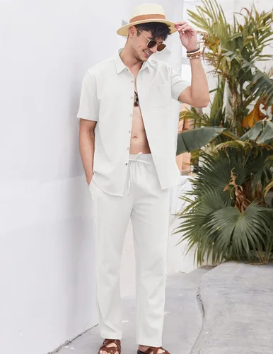 Vista 3 de COOFANDY Conjunto de 2 piezas de lino para hombre, conjunto de camisa y pantalón con botones para la playa