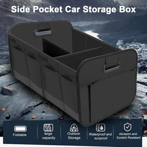 Vista 2 de Organizador de maletero de automóvil, organizador plegable para maletero de automóvil con 3 compartimentos y 10 bolsillos laterales, antideslizante