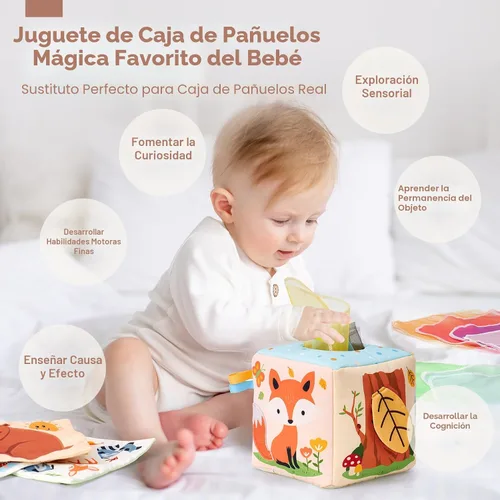 Vista 2 de hahaland Caja de pañuelos de juguete para bebé, juguetes Montessori de 6 a 12 meses, juguetes Montessori para niños de 6 meses, regalos para bebés