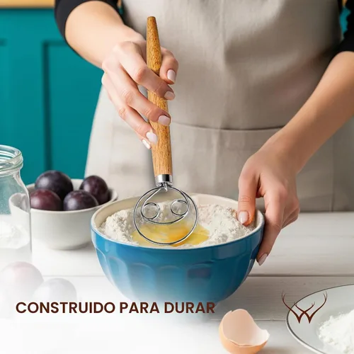 Vista 2 de Gancho de batidor de masa danesa de 13 pulgadas con mango largo de madera - Batidor de masa esencial, batidor de pan y batidor de masa danesa