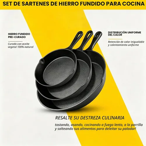 Vista 6 de Cast Iron Skillet Set 3 Piece 6 8 10 Inch Pre-Seasoned Frying Pan Sartén de hierro fundido con asas resistentes al calor para estufa, fogata