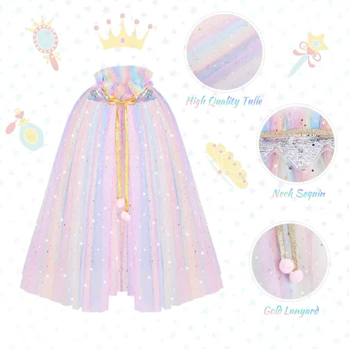 Vista 2 de AOOWU Capa de princesa para niñas, colorida capa de princesa con corona, disfraz de princesa Elsa elegante con lentejuelas brillantes de tul