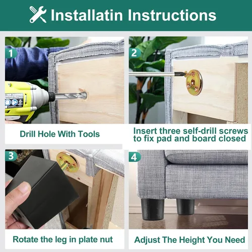 Vista 6 de 4pcs patas cuadradas de plástico 2-1/2" con tuercas de placa, rosca M8-1.25
