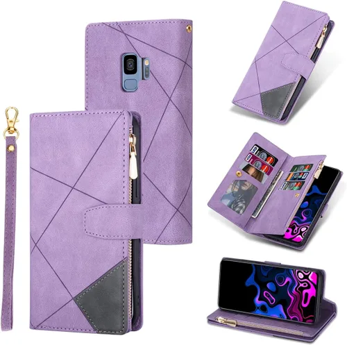 Vista 12 de UEEBAI Funda tipo cartera para Samsung Galaxy S9 Plus, Retro 9 ranuras para tarjetero con cremallera, bolsillo de piel sintética, cierre magnético