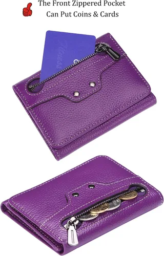 Vista 3 de AINIMOER Cartera pequeña de piel para mujer, delgada, compacta, con bloqueo RFID, con bolsillo para monedas, Lichee - Bloqueo Rfid morado.